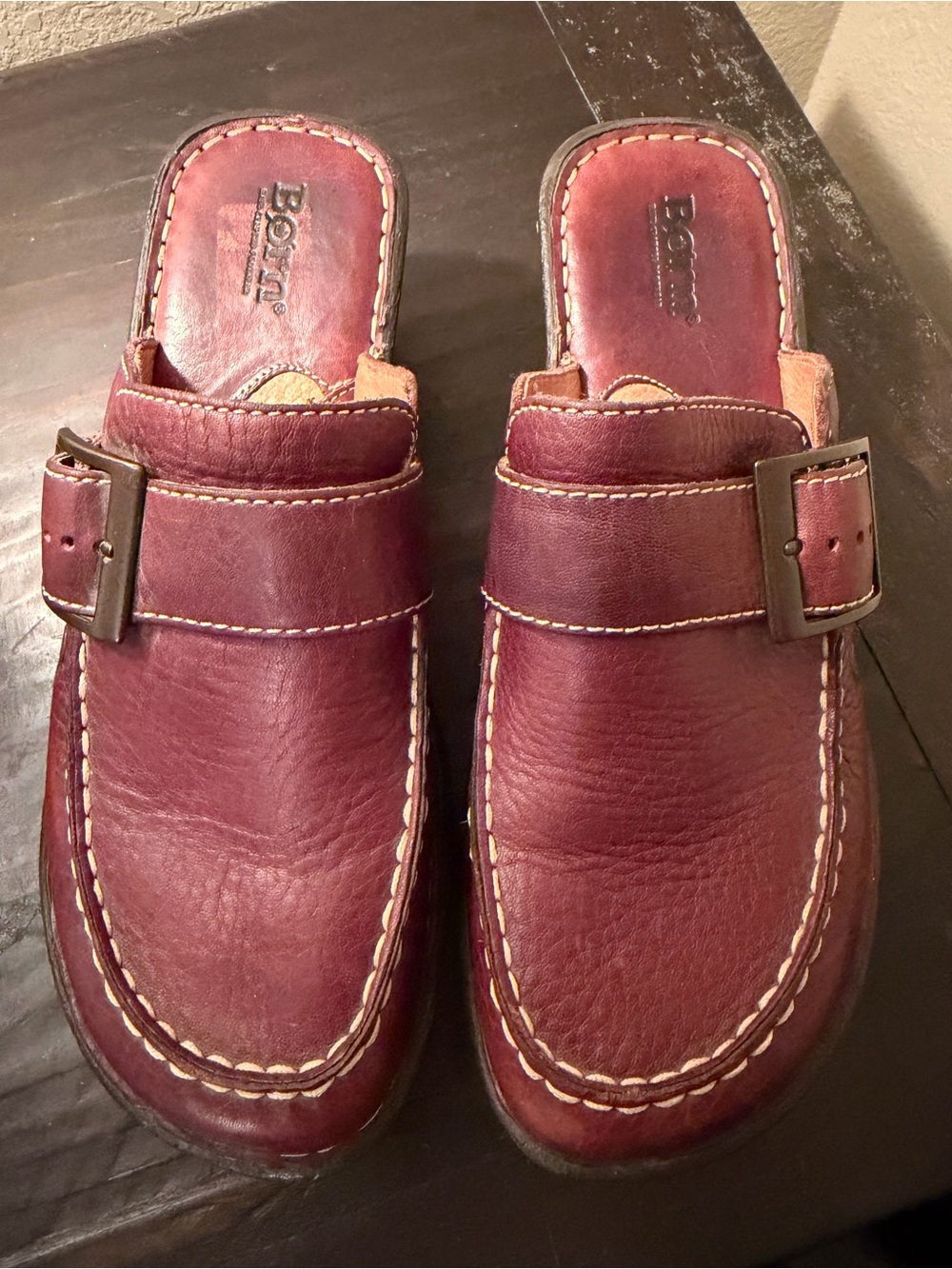 Born Men's Burgundy Leather Slip-On Clogs with Buckle Detail